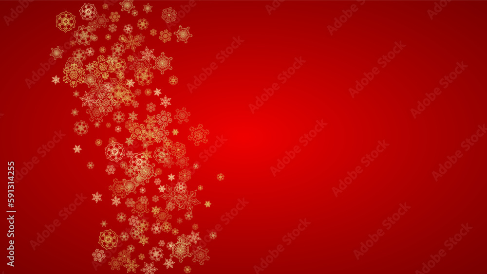 Christmas snowflakes on red background. Horizontal glitter frame for winter banner, gift coupon, voucher, ads, party event. Santa Claus color with golden Christmas snowflakes. Falling snow for holiday Christmas snowflakes on red background. Horizontal glitter frame for winter banner, gift coupon, voucher, ads, party event. Santa Claus color with golden Christmas snowflakes. Falling snow for holiday