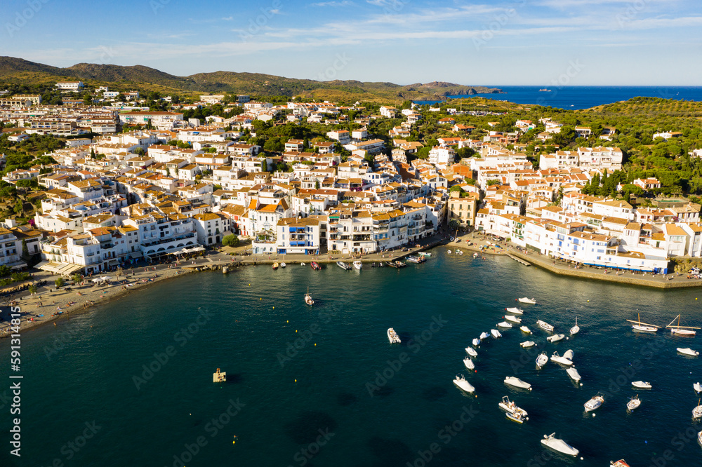 Picturesque aerial view of Mediterranean coastal town and resort of Cadaques in Catalonia, Spain