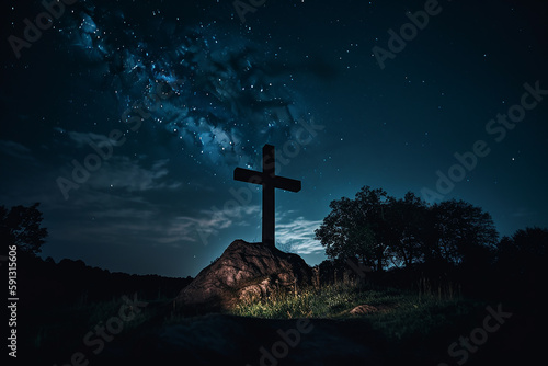 crucifixo de jesus sob montanha com estrelas ao fundo 