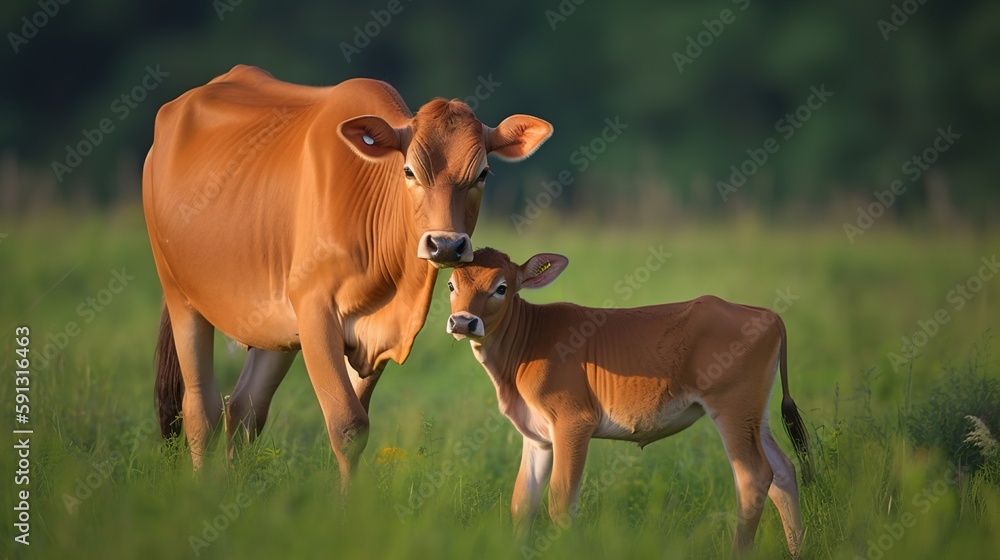 Jersey Cow and Calf Bonding in a Green Pasture Stock Illustration