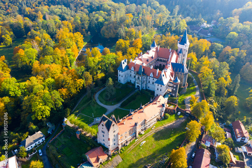 Picturesque autumn landscape with imposing historical castle Zleby Castle in a Czech village in the Central Bohemian region