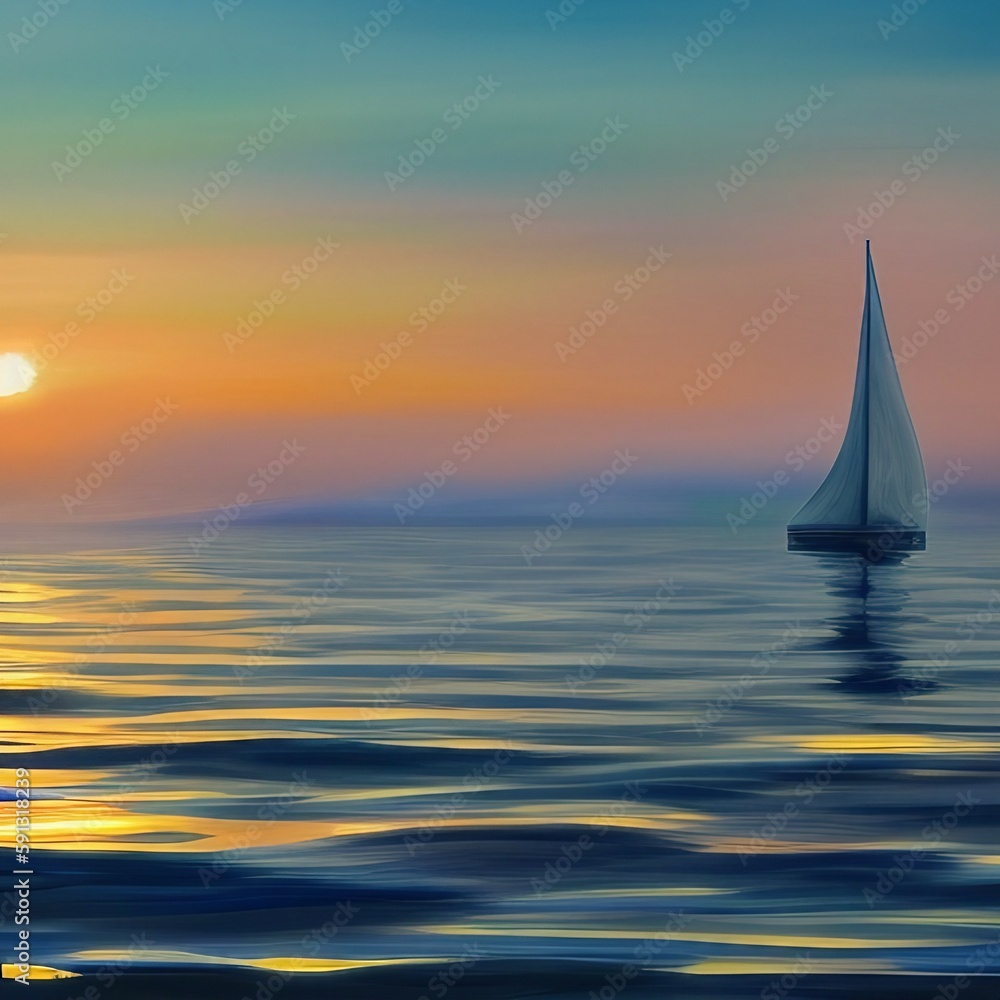 Boat sailing among new horizon at sunrise. Life is a journey conceptual illustration. Generative AI
