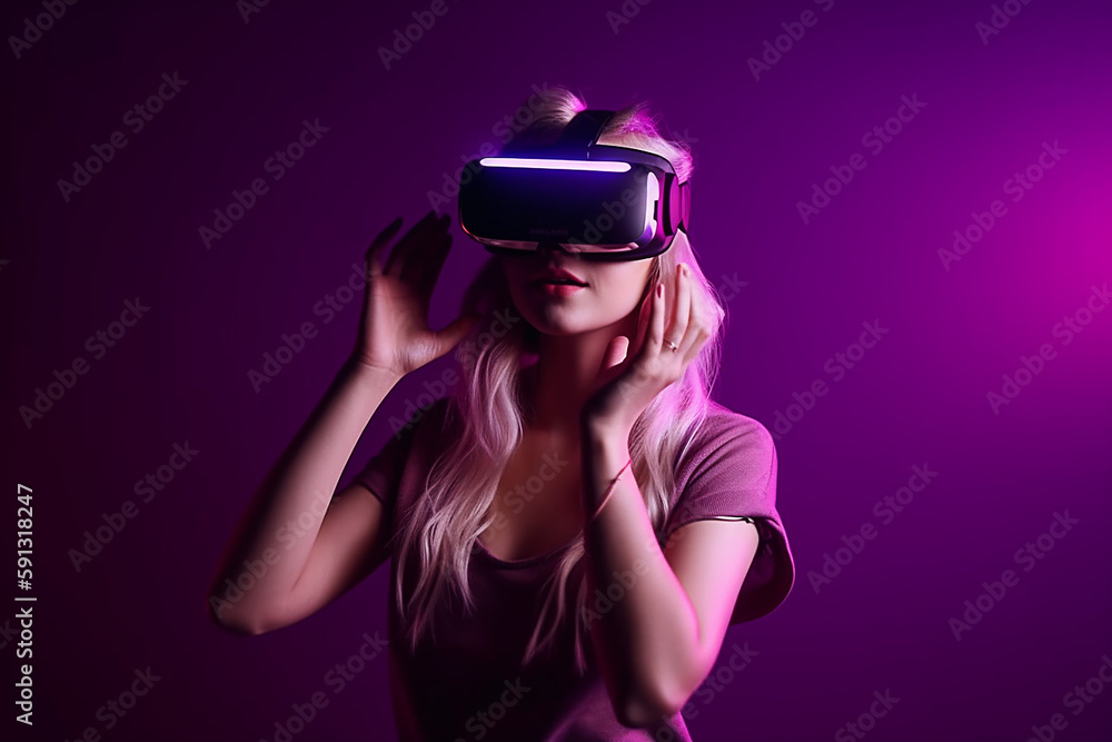 Mulher feliz usando fone de ouvido vr no estúdio com luz roxa e espaço para cópia Mulher feliz usando fone de ouvido vr no estúdio com luz roxa e espaço para cópia