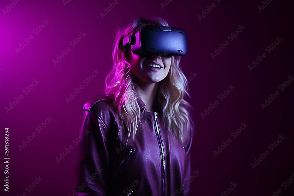 Mulher feliz usando fone de ouvido vr no estúdio com luz roxa e espaço para cópia Mulher feliz usando fone de ouvido vr no estúdio com luz roxa e espaço para cópia