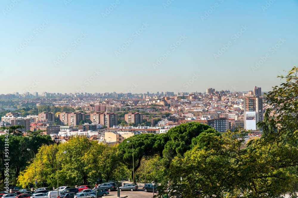 view of the cityscape of Madrid from the royal palace lookout plaza de la armeria, Madrid, Spain