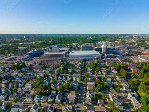 Brighton historic center and Boston Landing aerial view with Boston Back Bay skyline at the background in city of Boston, Massachusetts MA, USA. 