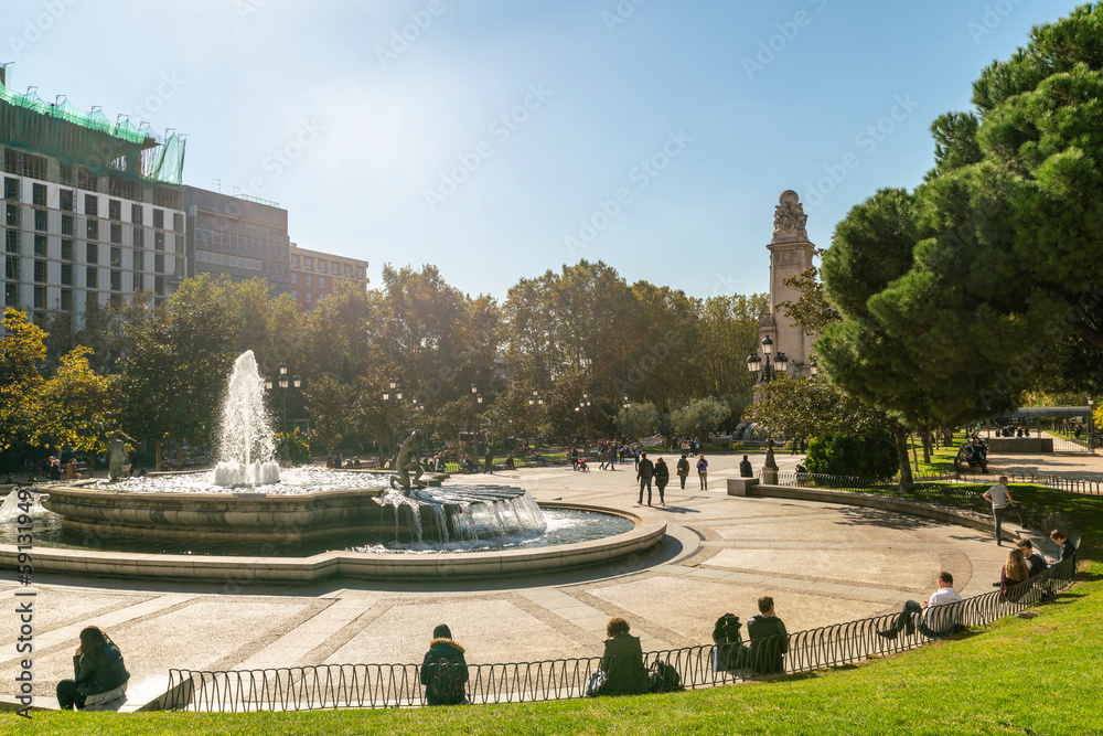 Plaza de Espana in Madrid with the fountain and scultures, Spain