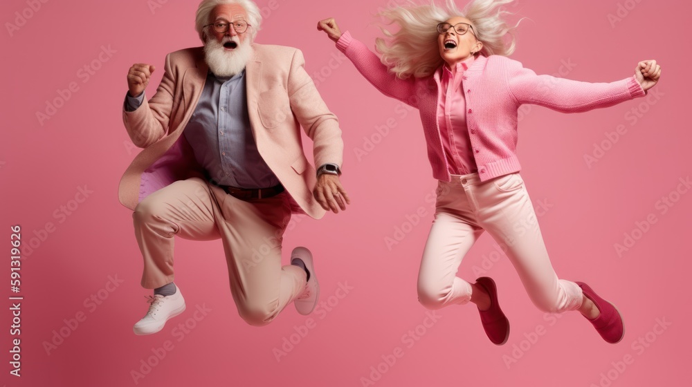 Forever Young: Joyful Senior Couple Jumping in Happiness, generative ai