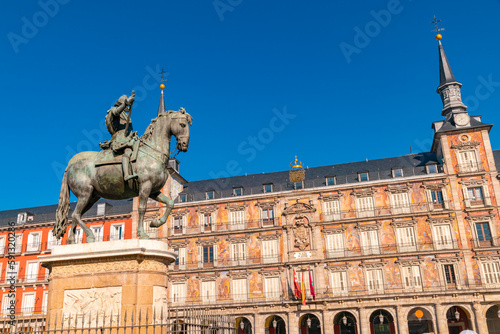 Plaza Mayor with the statue of  king Felipe III in Madrid spain