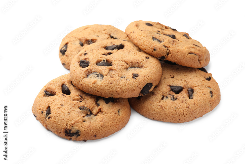 Delicious chocolate chip cookies isolated on white Delicious chocolate chip cookies isolated on white