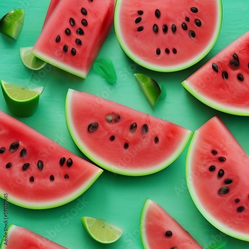 Watermelon pattern background close up. Summertime concept. Generative AI illustration banner