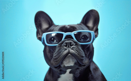 Generative Ai image of a french bulldog wearing reading glasses © annette shaff