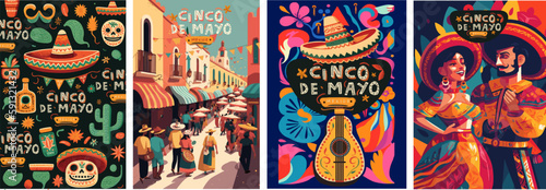 Cinco de Mayo is a Mexican holiday. Vector illustrations of pattern, mexican sombrero hat, mexico city street, couple at festival and spanish guitar for poster, background or greeting card