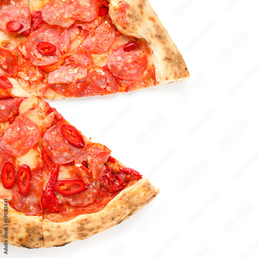 Delicious cut pepperoni pizza on white background Delicious cut pepperoni pizza on white background