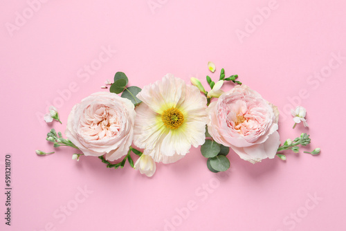 Different beautiful flowers on pink background  flat lay