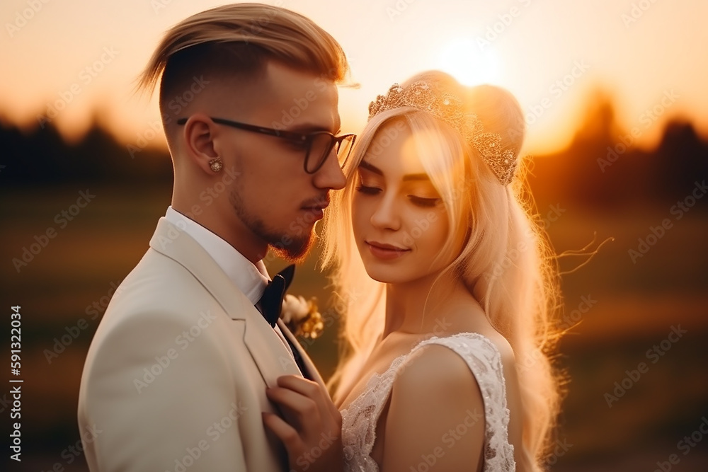 Casal de noivos posando no pôr do sol no dia do casamento. Noiva e noivo apaixonados, desfocados atrás da decoração romântica das luzes do casamento Casal de noivos posando no pôr do sol no dia do casamento. Noiva e noivo apaixonados, desfocados atrás da decoração romântica das luzes do casamento