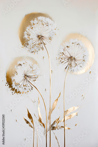 Luxury floral oil painting. Gold dandelions on white background. Generative AI