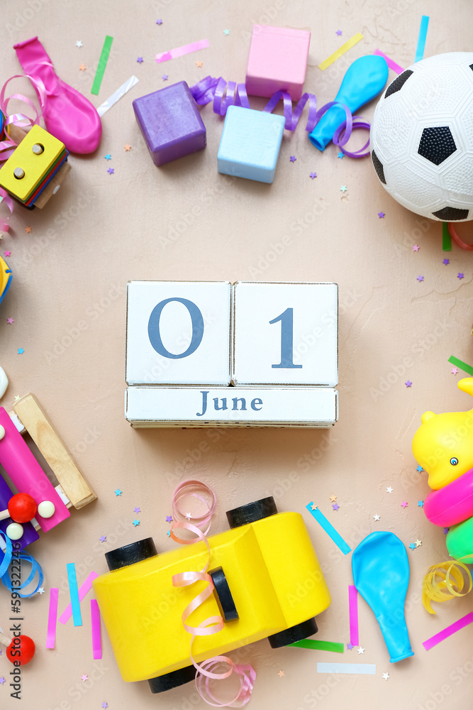 Obraz premium Date of Children's Day with toys on beige background