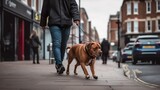 Urban pets walking with their owners in city streets. Playful pets with their friends and families. Dogs and cats in city. AI Generated.