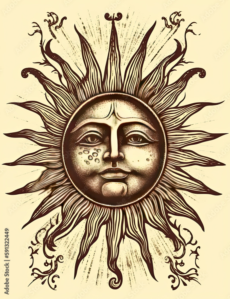 Sun Face, Tarot Style, Mystical, Logo Design, T Shirt Design. Generative AI Sun Face, Tarot Style, Mystical, Logo Design, T Shirt Design. Generative AI