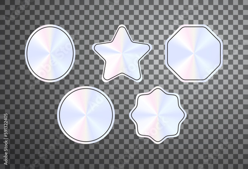 Vector silver hologram stickers isolated on transparent background. Realistic holographic badges with black frames and empty space