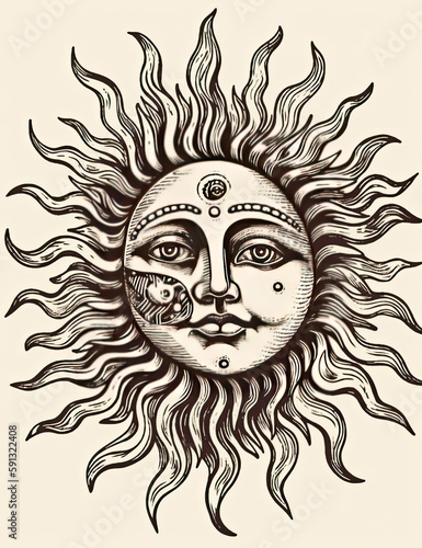 Sun Face, Tarot Style, Mystical, Logo Design, T Shirt Design. Generative AI