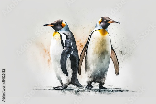 two penguins standing side by side in a snowy landscape. Generative AI