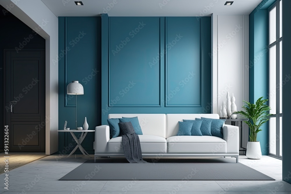 modern living room with a white couch and blue walls. Generative AI modern living room with a white couch and blue walls. Generative AI