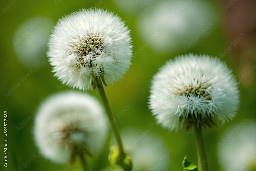 three dandelions in a vibrant green field. Generative AI three dandelions in a vibrant green field. Generative AI