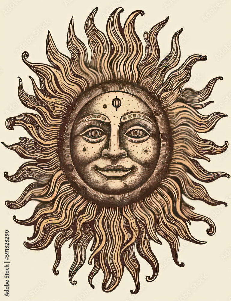 Sun Face, Tarot Style, Mystical, Logo Design, T Shirt Design. Generative AI Sun Face, Tarot Style, Mystical, Logo Design, T Shirt Design. Generative AI