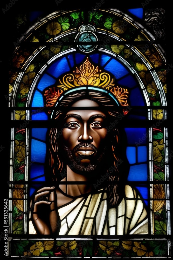 Kingly Black Christ Portrait in Stained Glass Window Illustration [Generative AI]