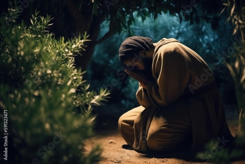 Praying in Gethsemane Photorealistic Jesus Christ Portrait Illustration [Generative AI] photo