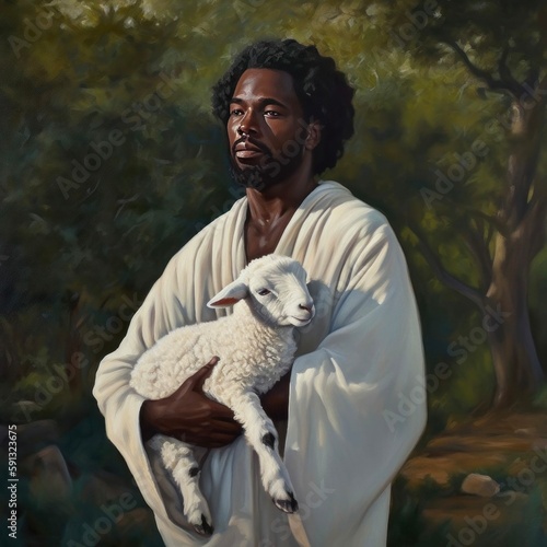 Good Shepherd with Afro Hairstyle Holding Lamb Jesus Christ Portrait Illustration [Generative AI]