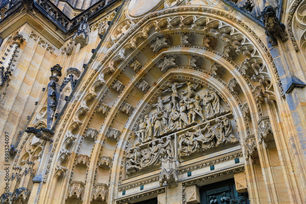 Fototapeta premium Details of the exterior of the Gothic Catholic Cathedral of St. Vitus, Wenceslas and Vojtech in Prague Castle