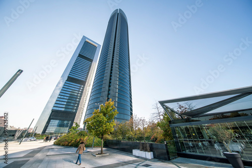 Cuatro Torres Business Area in Madrid with blue sky, spain