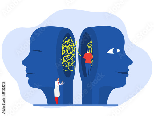 Two human heads silhouette decoding with The opposite mindset chaos and order in thoughts concept. vector illustration