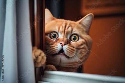 curious cat looking out of a window with an open mouth. Generative AI