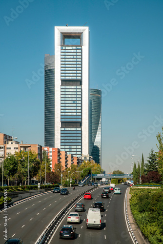 Road at Financial business district in Madrid with Cuatro Torres towers area, spain