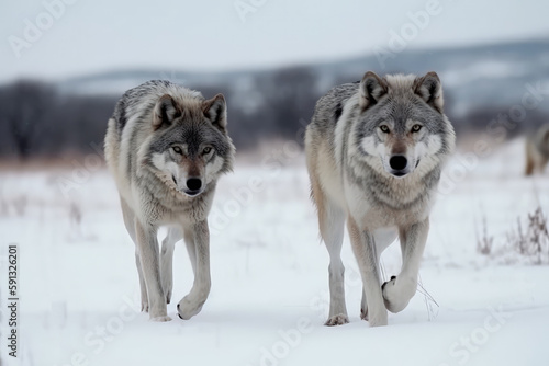group of wolves in winter snow generative ai