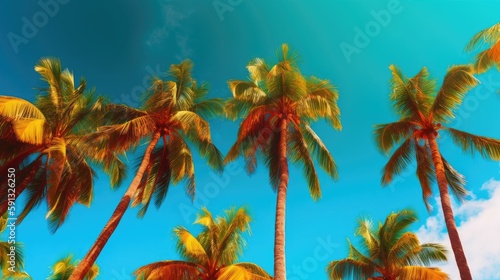 Vibrant palm trees against a bright blue sky wallpaper © Oliver