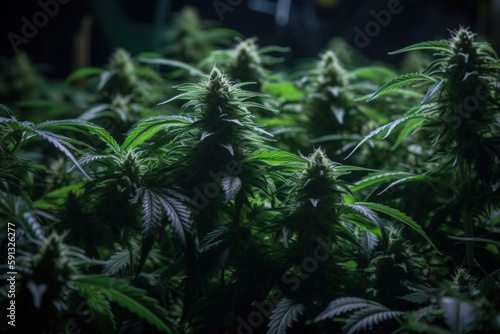 blooming green marijuana buds in grow room,indoor cultivation weed agriculture farm for medicine uses..generative ai