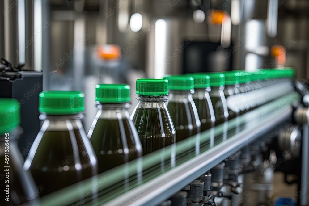 production line with bottles of liquid moving on a conveyor belt. Generative AI