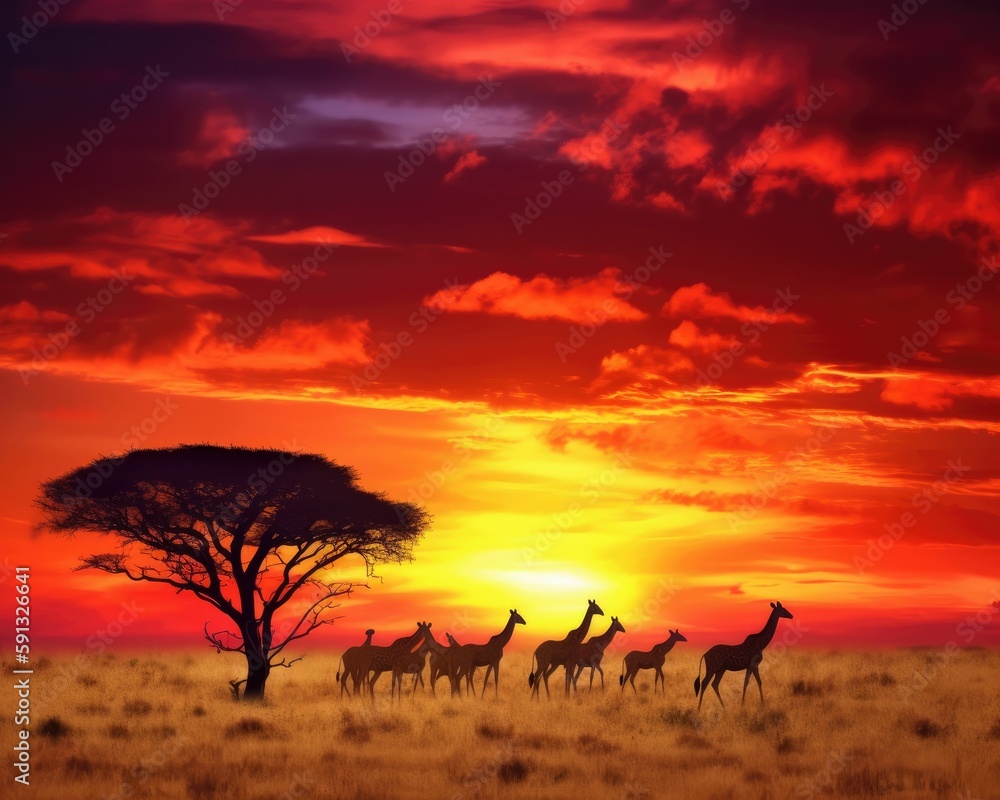 Wild animals on a safari during sunset