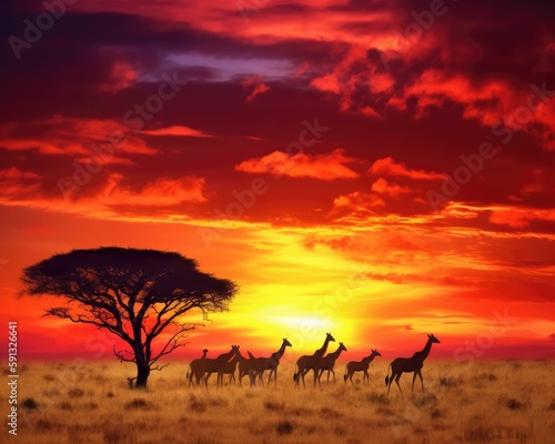 Wild animals on a safari during sunset