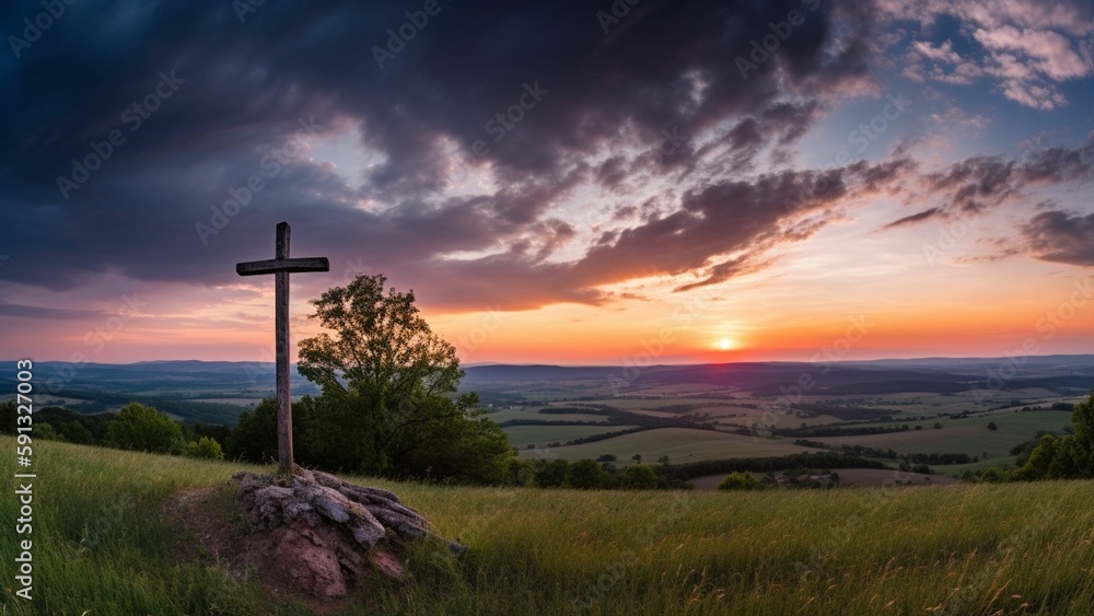 Symbol of Faith and Serenity: A Cross Atop a High Hill Against the Majestic Skyline Symbol of Faith and Serenity: A Cross Atop a High Hill Against the Majestic Skyline