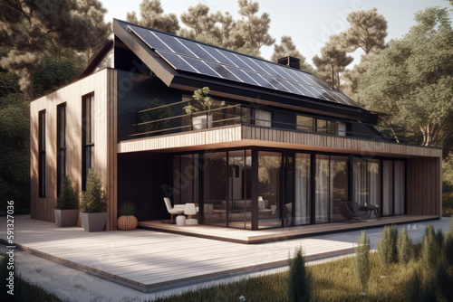 modern house with solar panels. generative ai © Poter