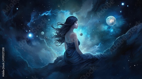 Illustrated girls in cosmic landscapes with dark background