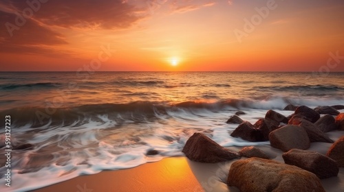 Sunset on the beach with beautiful ocean and sun