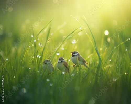 Fresh Morning Dewy Grass and Spring Birds