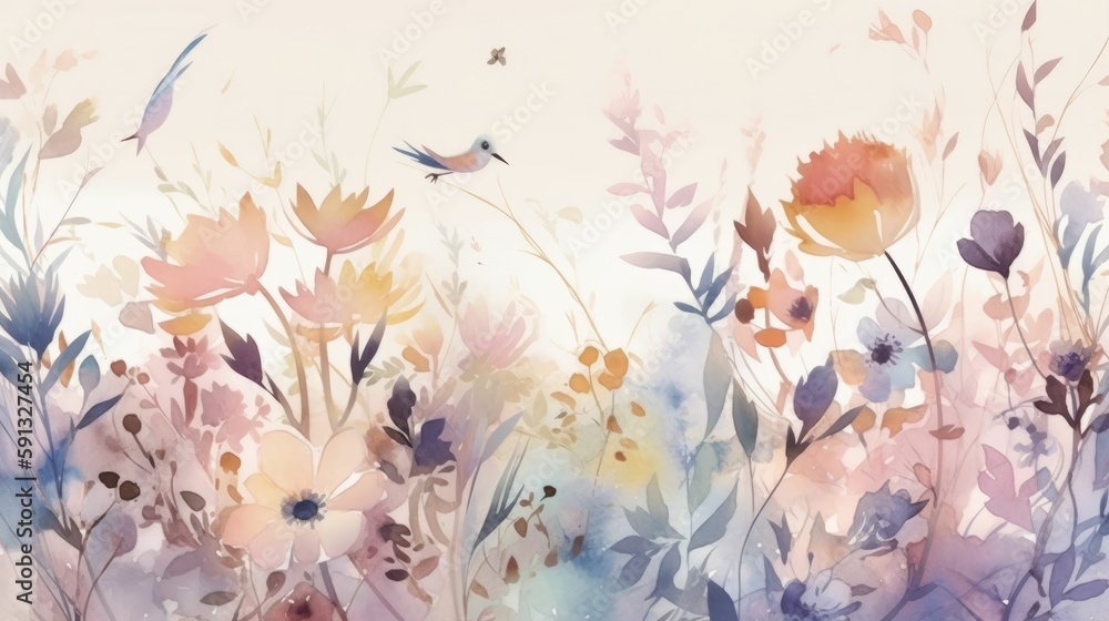 Soft floral watercolor depicting dreamlike flower scenes